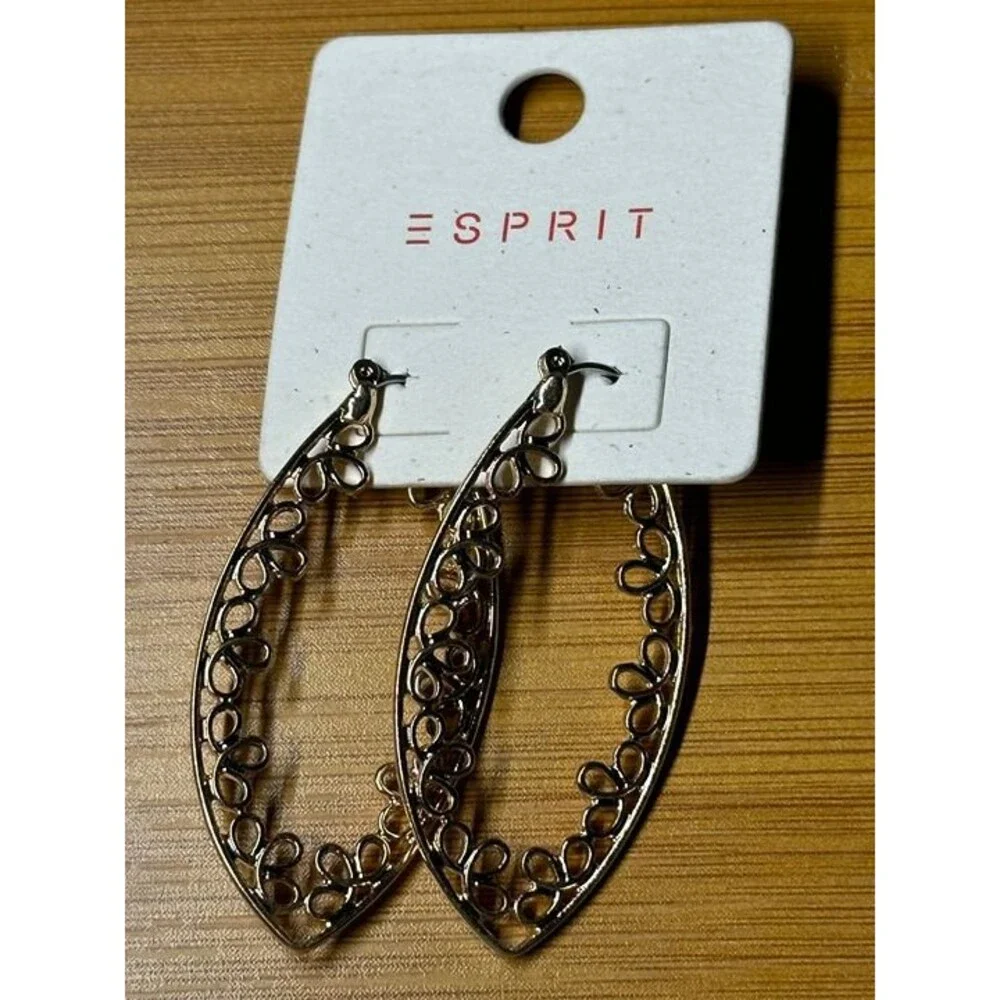 ESPRIT Gold Tone Filigree Teardrop Marquise Hoop Earrings Boho New Pair